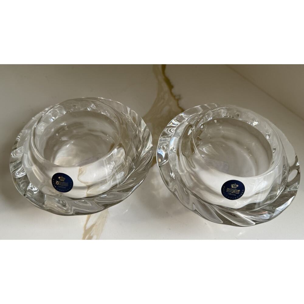 Royal Copenhagen Set of 2 Lead Crystal Candle Holder Denmark Lotus Flower Clear
